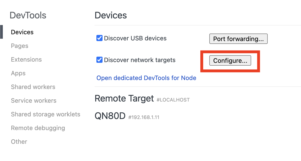 Страница Chrome DevTools Devices с выделенной кнопкой Configure
