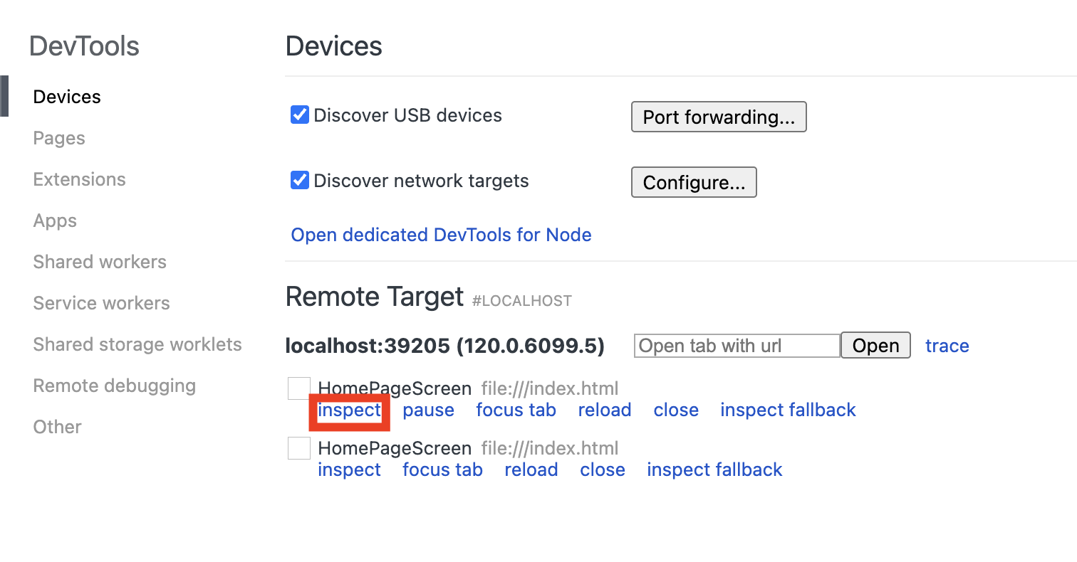 Remote Target с приложением на ТВ и выделенной ссылкой inspect